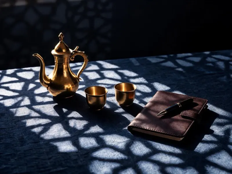 Messingkanne für arabischen Kaffee und zwei Tassen auf einem Tisch mit Gitterschatten (KI-Illustration)